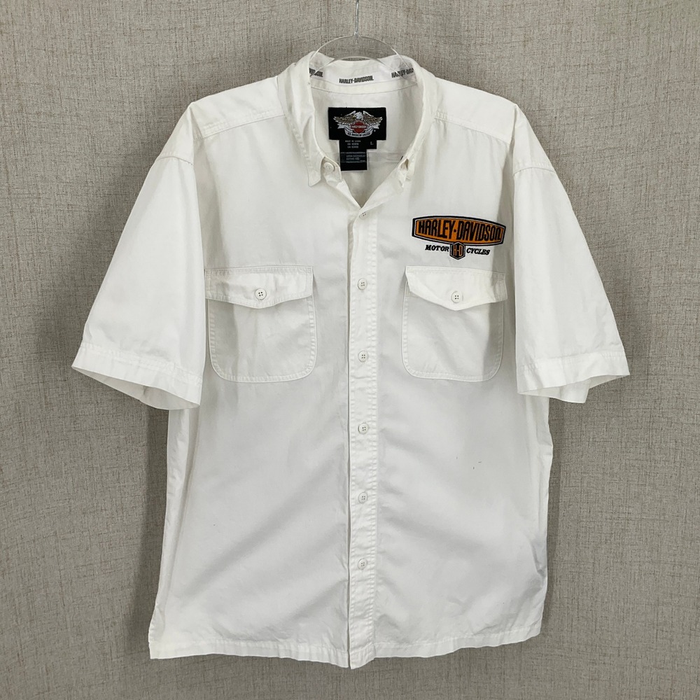 Harley-Davidson Button Down Shirt‎ Mens L White Cotton Logo Moto Vintage